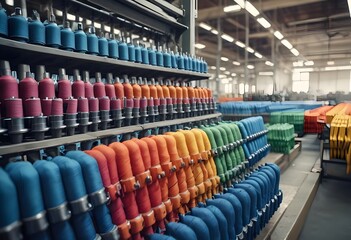 Stacks of vibrant textile bolts in a textile factory , with industrial machinery and equipment visible in the background