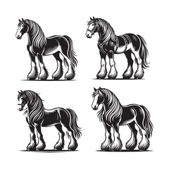 4 Set of Black Standing Clydesdale Horse Silhouettes Isolated on White Background
