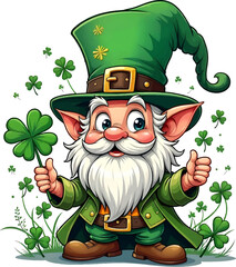 St patricks day gnome holding a clover in hand vector, cartoon cute st patrick's day isolated on white, green hand drawn gnome element card background	