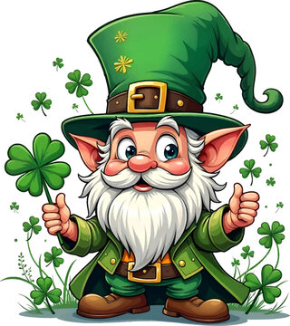 St patricks day gnome holding a clover in hand vector, cartoon cute st patrick's day isolated on white, green hand drawn gnome element card background	