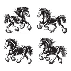 4 Set of Black Running Clydesdale Horse Silhouettes Isolated on White Background"