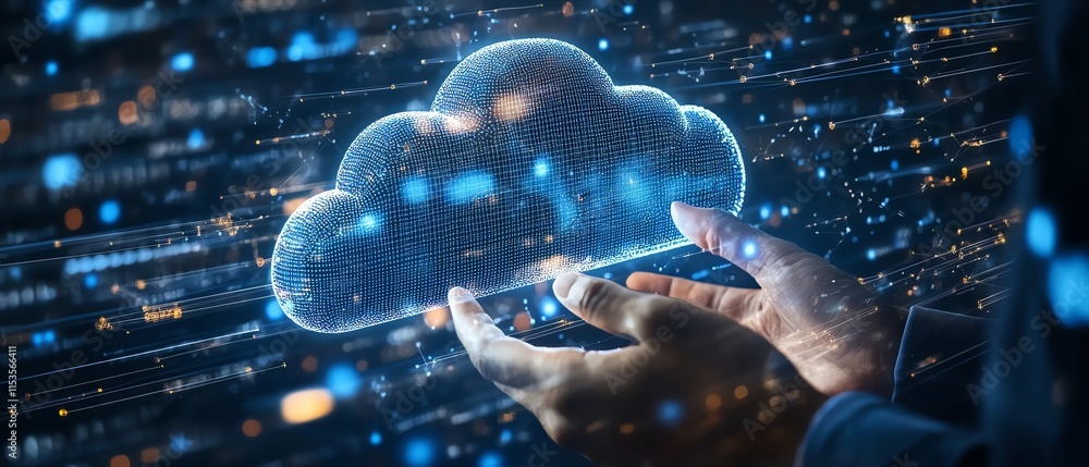 Poster futuristic cloud computing data transfer concept, businessman interacting with dynamic holographic n