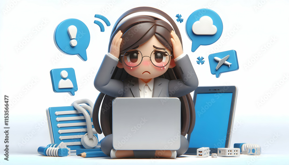Poster 3d businesswoman frustrated with technology failures in macro close up copy space concept as a busin