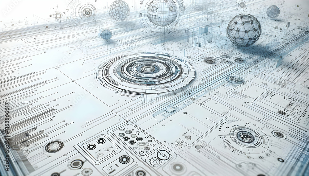 Aufkleber 3d plain white background with futuristic digital wireframe and copy space concept as a plain white 