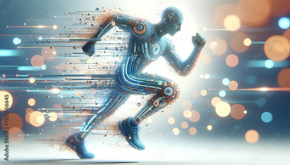 Poster 3d abstract marathon runner icon with digital effects and bokeh lights representing endurance and te