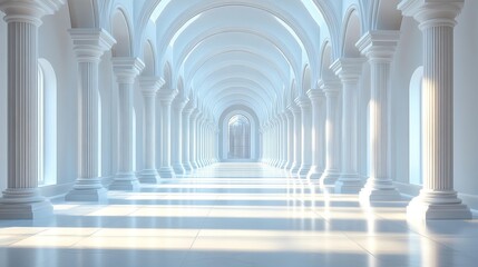Modern White Columns with Arched Hallway. Generative AI
