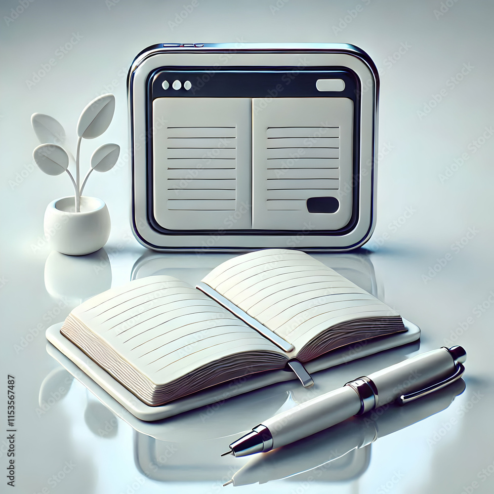 Poster 3d glossy desk with open notebook and sleek pen on reflective surface for professional collaboration