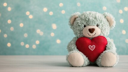 Obraz premium A cute teddy bear holding a red heart sits against a soft, bokeh background, creating a warm and charming atmosphere.
