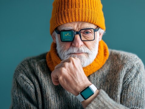Health info, patient and management concept: Elderly patient using a wearable health tracker, symbolizing personalized care technology.