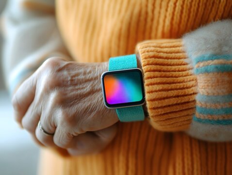 Health info, patient and management concept: Elderly patient using a wearable health tracker, symbolizing personalized care technology.