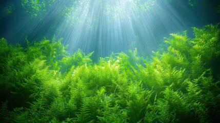 Obraz premium Sunbeams illuminate lush underwater ferns.