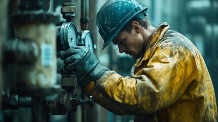 Worker Carefully Monitors Industrial Gauges and Valves