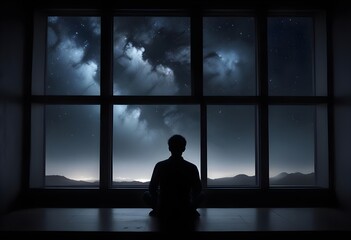 Fototapeta premium A silhouetted figure sitting in a dark room with a large window overlooking a turbulent night sky