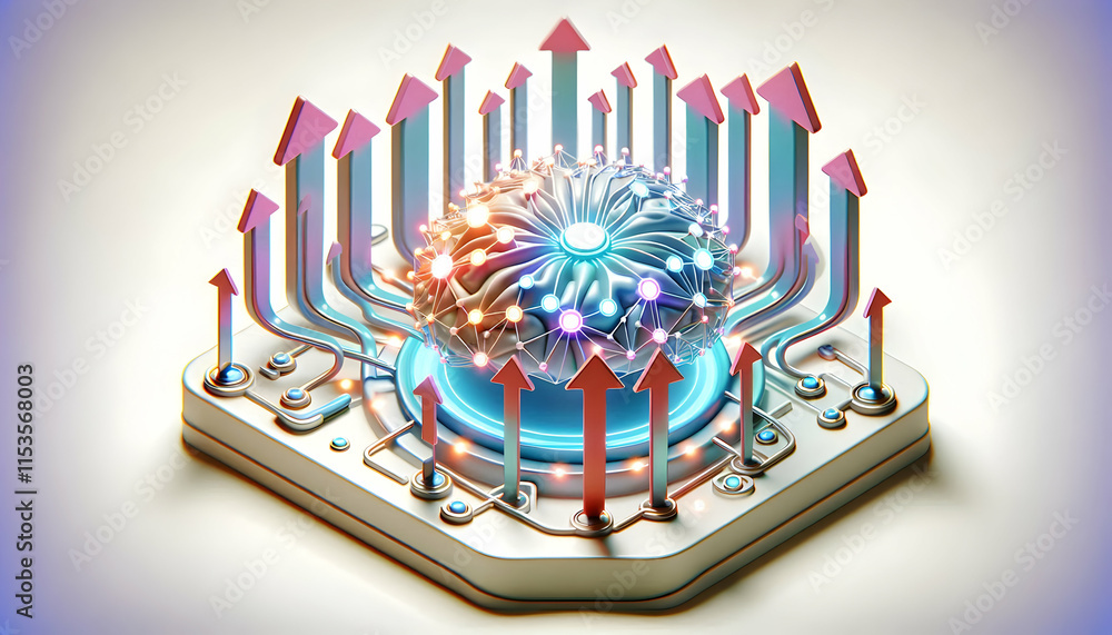 Poster 3d ai neural grid with glowing growth arrows symbolizing digital advancement and expertise on white 