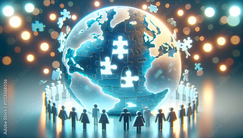 Poster 3d glowing puzzle globe community business concept with diverse figures and esg symbols in bokeh bac