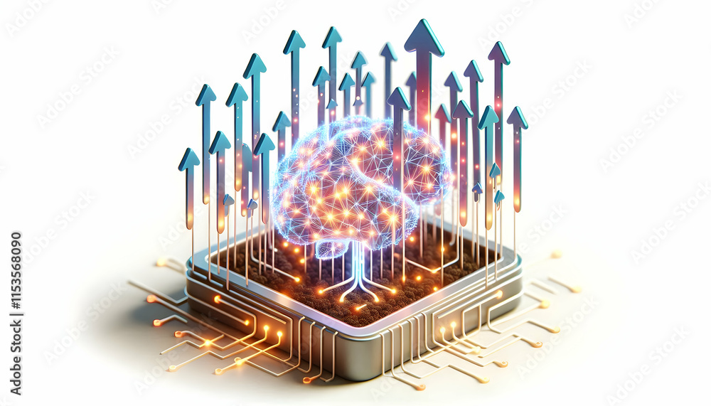 Aufkleber 3d ai neural grid with glowing growth arrows concept for digital growth and expertise in tech infogr
