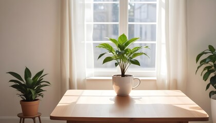 Wooden table with a potted plant and a mug in a bright, minimalist room with natural light coming through the window