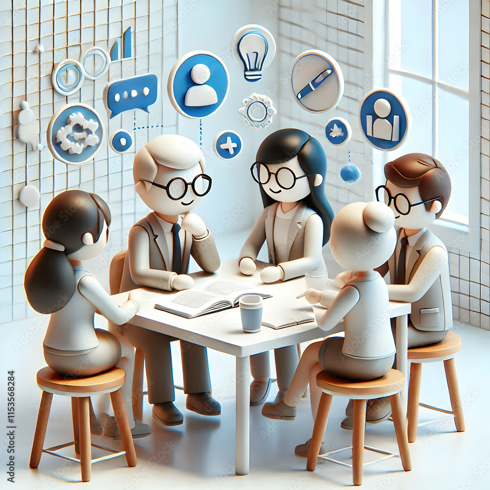Poster 3d candid team collaboration brainstorming session in modern workspace with space for copy
