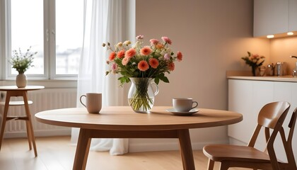 Wooden table with a vase of flowers and a mug in a modern studio apartment with warm lighting