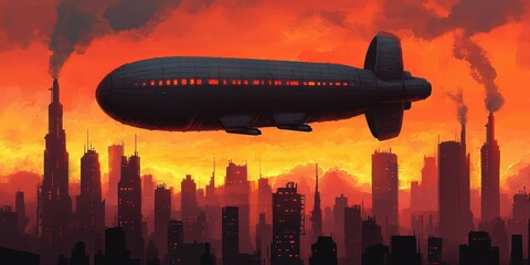 Naklejka premium Dark Zeppelin Over Cityscape at Sunset
