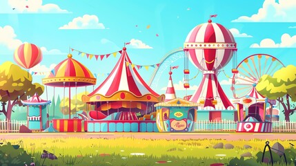 A cartoon illustration of a colorful carnival with rides and people.
