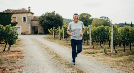 Mature caucasian man running on country road near vineyard and rustic house