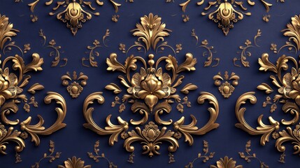 Elegant gold baroque pattern on dark blue background.