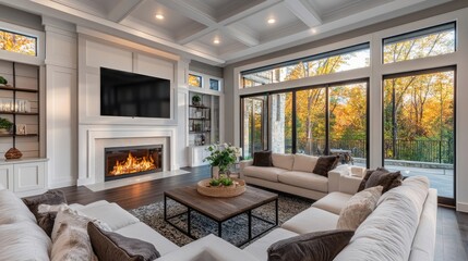 Wide-angle view of a modern living room interior, showcasing a functional and elegant design
