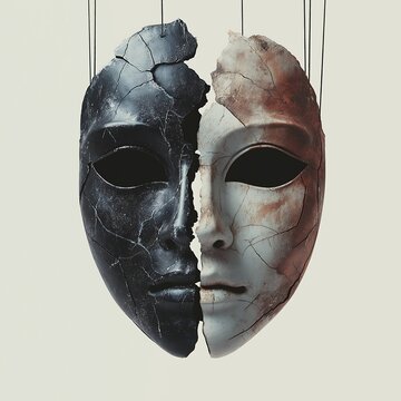 A surrealist collage of a broken theater mask of tragedy and comedy, with puppet strings hanging down from each side, two masks