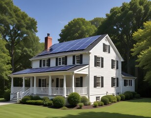 Fototapeta premium A traditional colonial home with a large solar panel array installed on the roof