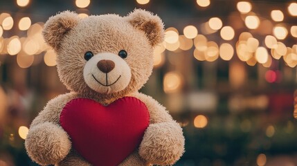 A cute teddy bear holds a red heart, surrounded by soft bokeh lights, evoking warmth and affection.