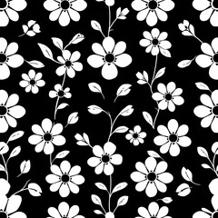Monochromatic Floral Delight: Elegant white flowers on a black background. A seamless pattern ideal for textile design, wallpaper, and more.