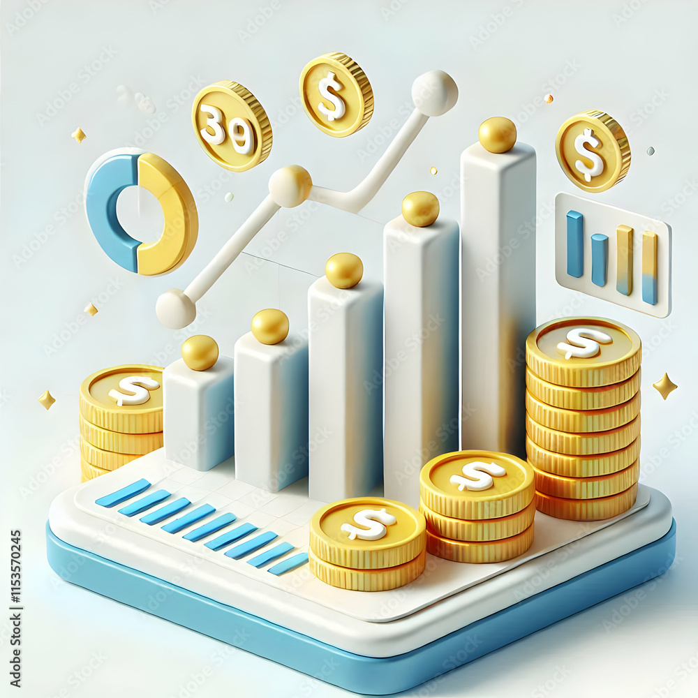 Poster 3d floating bar graph icon with coins for financial analysis and business growth on white background