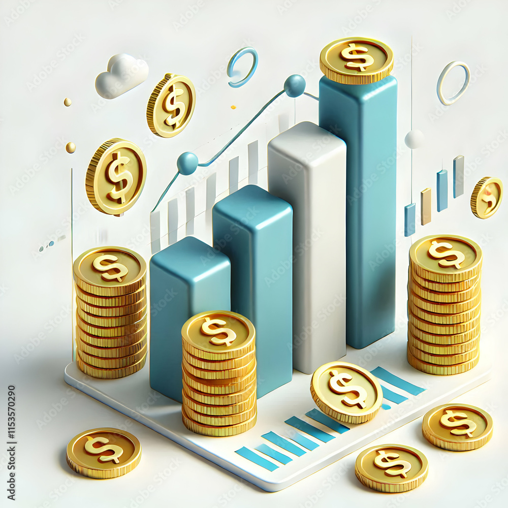 Aufkleber 3d floating bar graph with coins isolated on white background for financial analysis and business gr