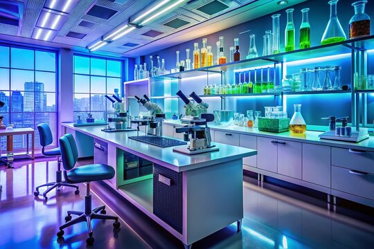 Panoramic View of Fluorine Research Lab: Microscope, Samples, and Data Analysis