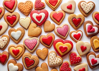 Fototapeta premium Panoramic View of Heart-Shaped Cookies Isolated on White Background