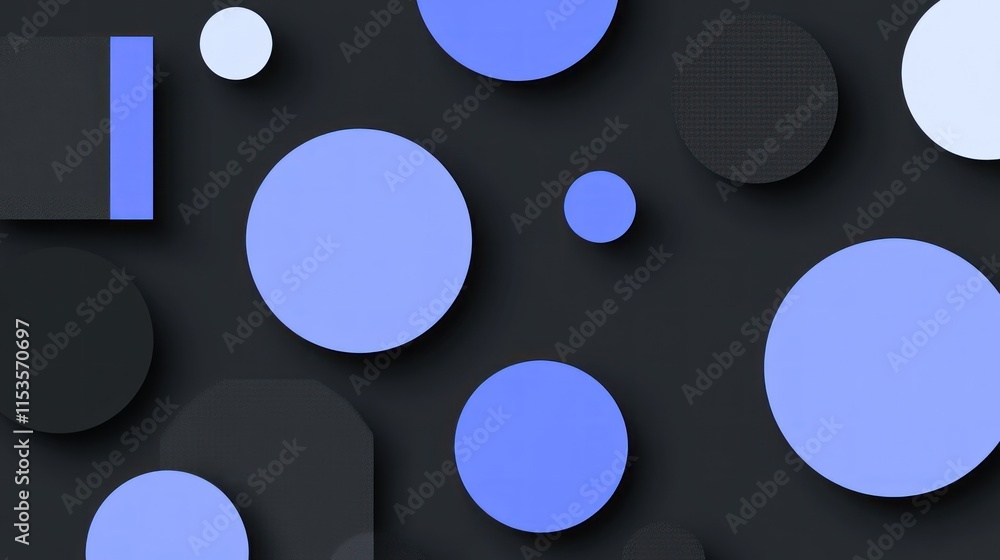 Poster Abstract geometric pattern with blue and black circles and rectangles on a dark background.