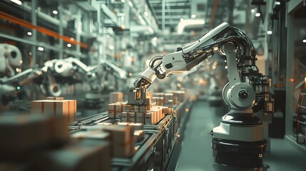 Future Consumer and technology concept: Advanced supply chain, robotic arms sorting packages in a warehouse.