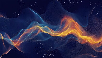 Abstract flowing wave of vibrant blue and orange particles on dark background.