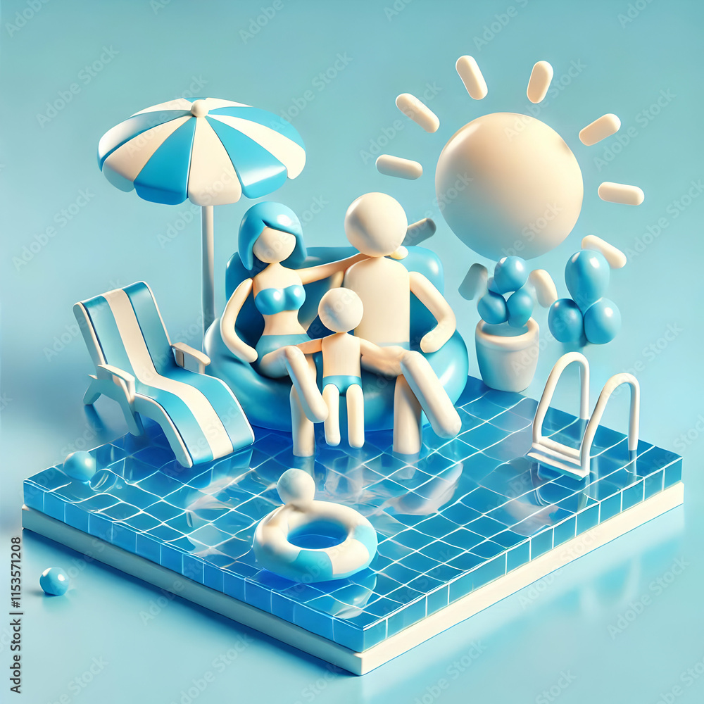 Poster 3d family lounging by the pool glossy abstract blue background with copy space concept as a relaxing