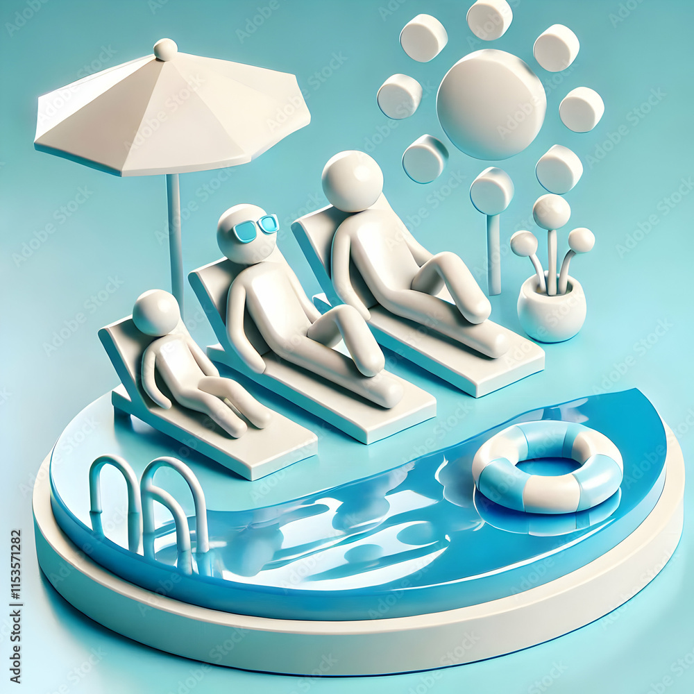 Poster 3d family relaxing by pool abstract blue background copy space for text