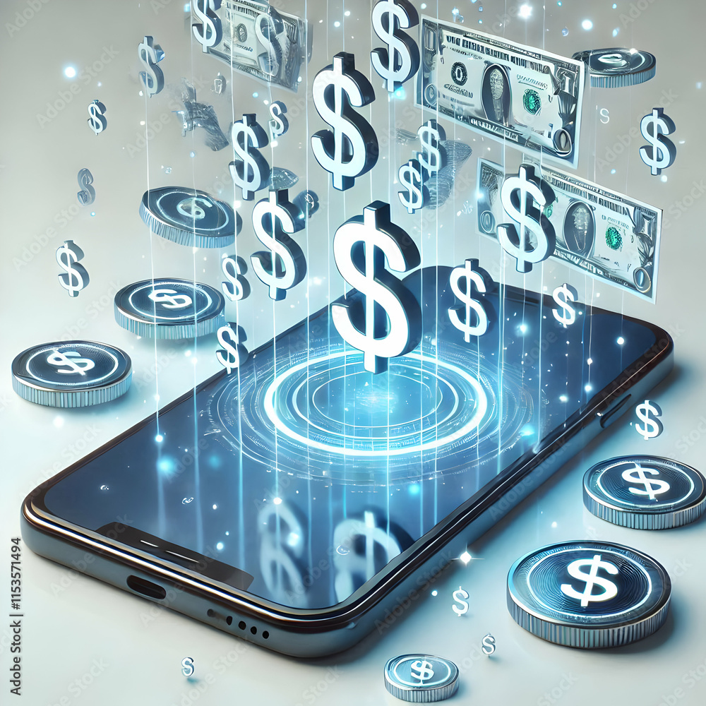 Poster 3d holographic smartphone with floating app icons and copy space for branding on isolated white back