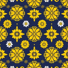 Floral Symphony: A captivating seamless pattern of intricate yellow flowers on a deep blue background with white accents. The intricate details create a sense of rhythm and elegance.