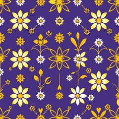 Golden Floral Symphony: A vibrant, seamless pattern featuring stylized golden and white flowers on a deep purple background. Perfect for textile design, wallpaper, or surface patterns.