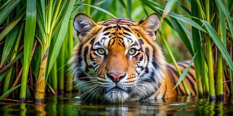 Panoramic Wildlife Photography: Tiger Hidden in Reeds, Amber Eyes Glowing