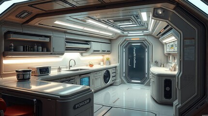 A futuristic sci-fi illustration of a tiny kitchen that is functionally designed and incorporates cutting-edge technology and spatial elements