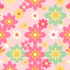 Fototapeta premium Sweet Floral Pattern: Delightful and cheerful, this seamless pattern features a vibrant array of flowers in pink, yellow, green, and white, blooming on a soft pink background.