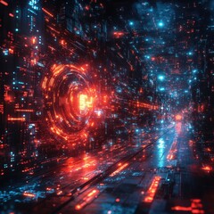 Fototapeta premium Futuristic Digital Landscape with Glowing Red and Blue Lights Representing Technological Connections in a Vast Cybernetic Environment