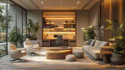 A calming work area with acoustic panels, soft ambient lighting, and a focus on mental well-being.