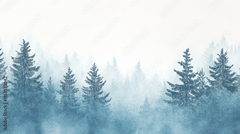 Poster winter themed doodle depicting a serene landscape with snow covered trees and a misty background. ge